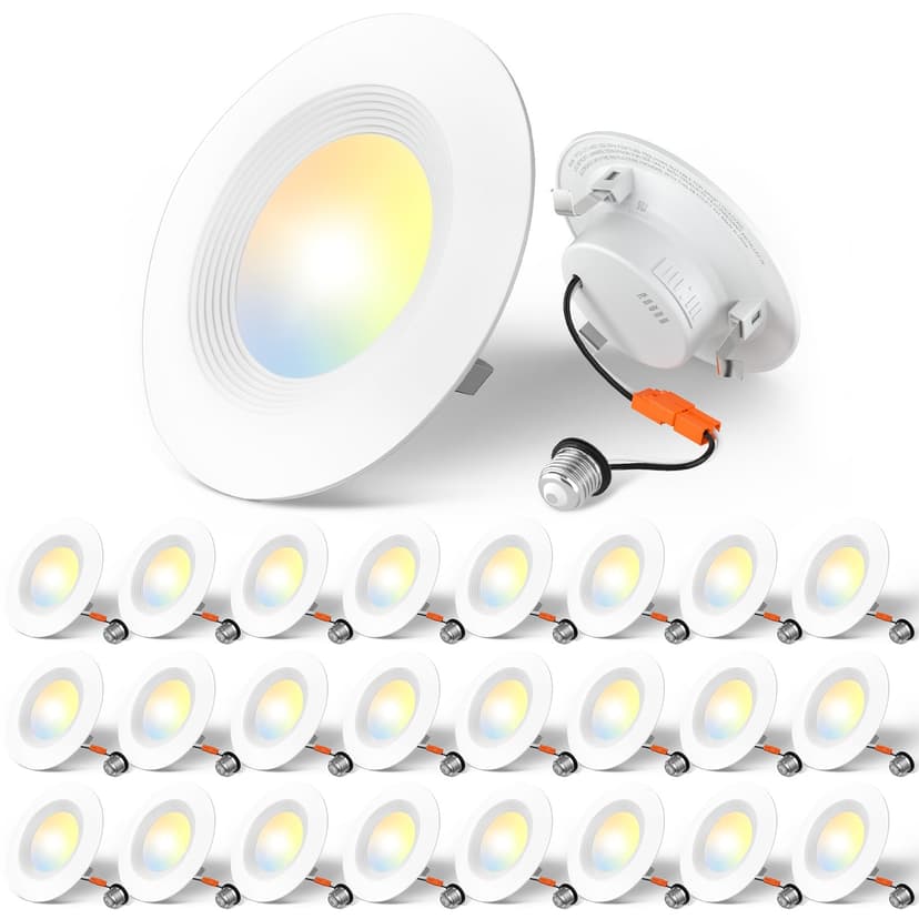 Amico 24 Pack 4 inch 5CCT LED Recessed Lighting, Retrofit Can Lights, White | Baffle Trim, Dimmable, 8.5W=60W, 650LM, 2700K/3000K/4000K/5000K/6000K Selectable, Easy Install, IC & Damp Rated, ETL & FCC