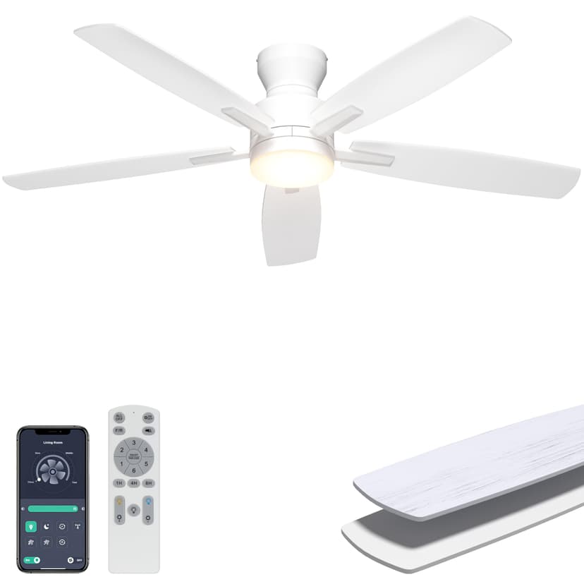 Ohniyou Ceiling Fans with Lights, 52'' Low Profile Ceiling Fan with Light and Remote/APP Control, Modern Flush Mount Ceiling Fan for Indoor Bedroom Living Room, Dimmable, Quiet DC Motor, White