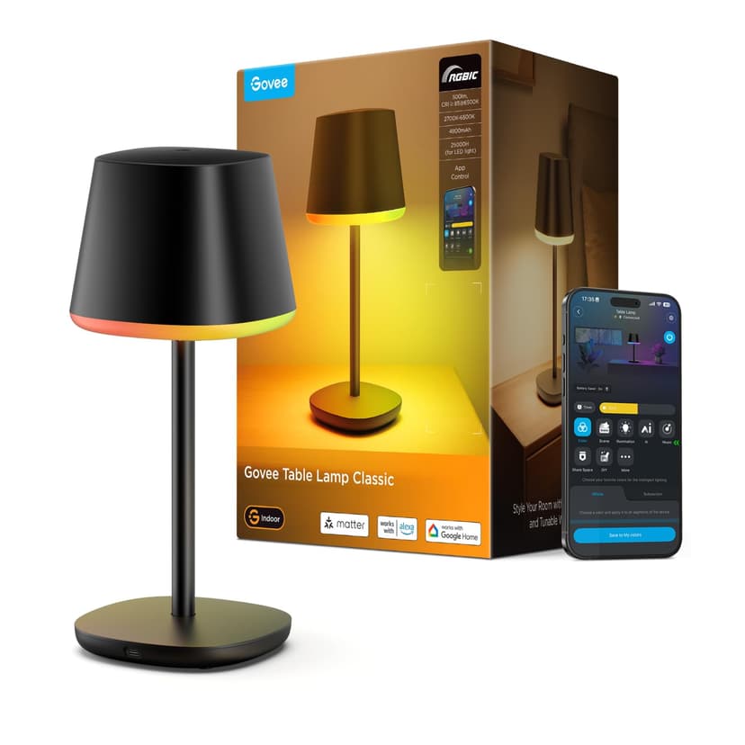Govee Smart Cordless Table Lamp Classic (No Adapter), RGBIC Desk Lamp | Rechargeable Table Lamp for Living Room, Portable Lamp Works with Matter, Bedside Lamp for Nightlight, 72 Scenes Modes, 500lm
