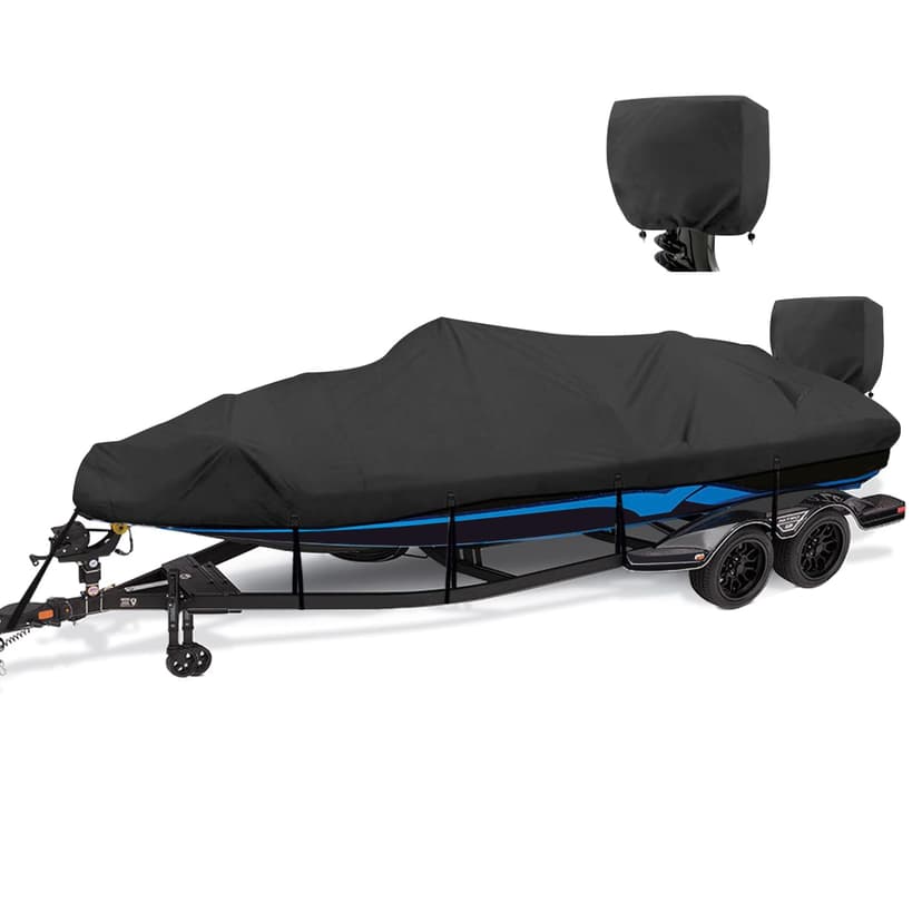 YimSting Boat Cover 14-16 ft, 1200D Waterproof V-Hull, Black | Fits 14 foot 15ft 16 ft Bass Tracker Boat, Heavy Duty, UV & Tear-Resistant, Air Vents, 11 Straps & Motor Cover