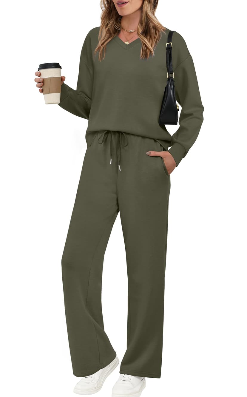 WIHOLL Lounge Sets for Women 2026 V Neck 2 Piece Outfits Airport Wide Leg Pants Matching Set Sweatsuits