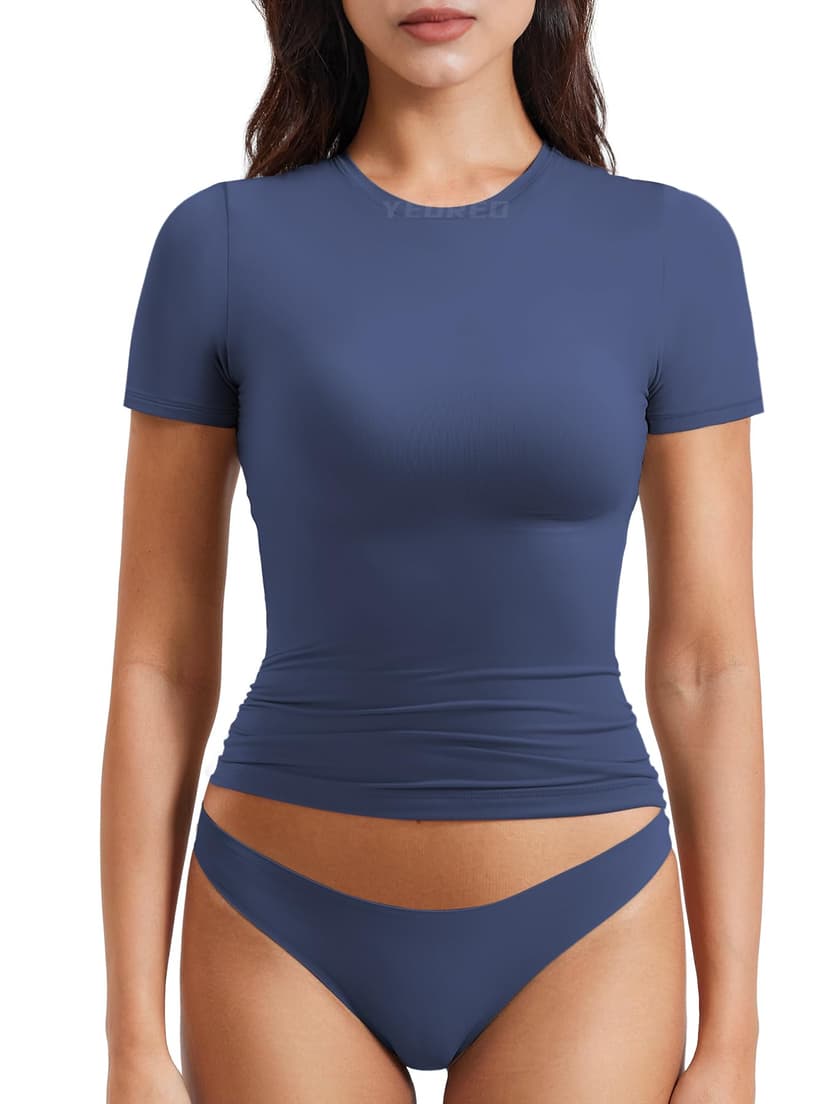 YEOREO Women Fitted Workout Tops Short Sleeve Double Lined Basic Y2K Going Out Crew Neck Compression Crop Top