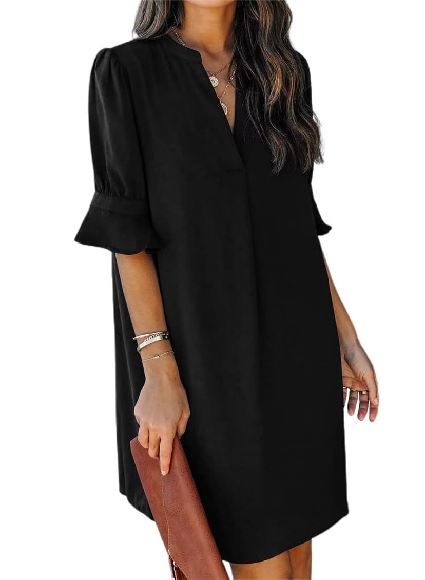 QACOHU Womens Summer Casual V Neck Shift Mini Dress | Flowy Swing Basic Dress, Ruffle Short Sleeve, Floral Boho Style, Wedding Guest Daily Work Clothes, Beach Vacation Outfits
