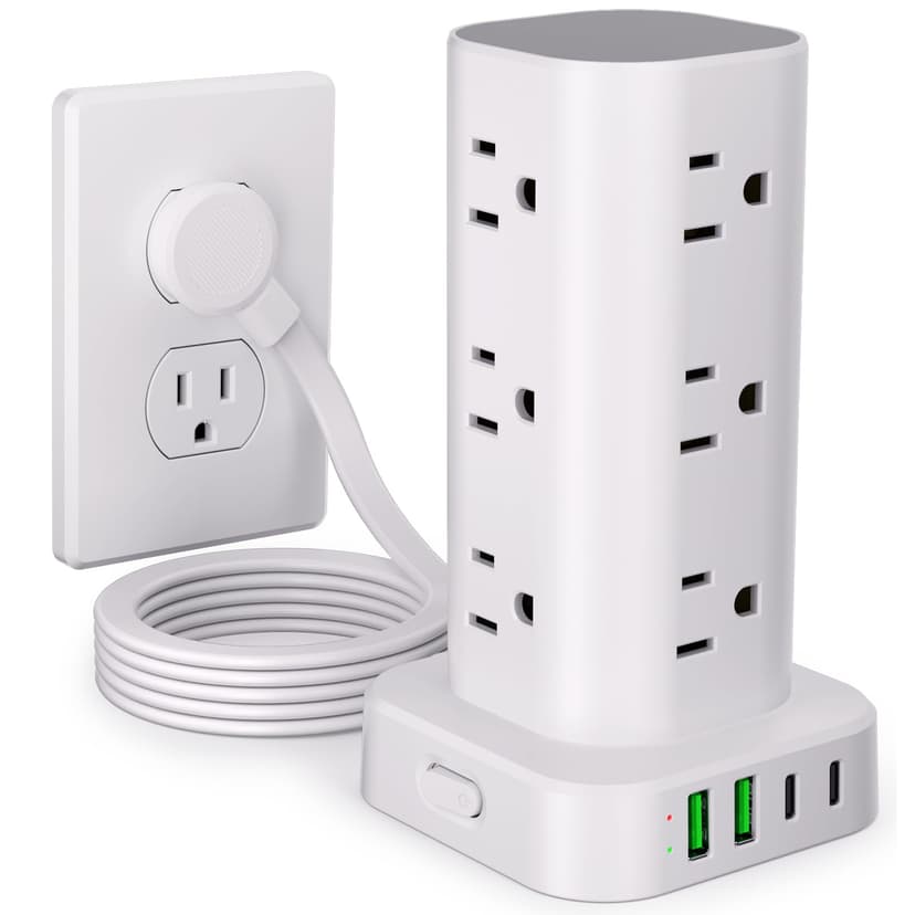 6FT Power Strip Tower Surge Protector, 12 Wide Spaced Outlets, 4 USB | 16-in-1 Desktop Charging Station with 2USB-C, 2USB-A, Flat Plug, 6FT Cord, 1800J Surge Protection for Home Office, Dorm White