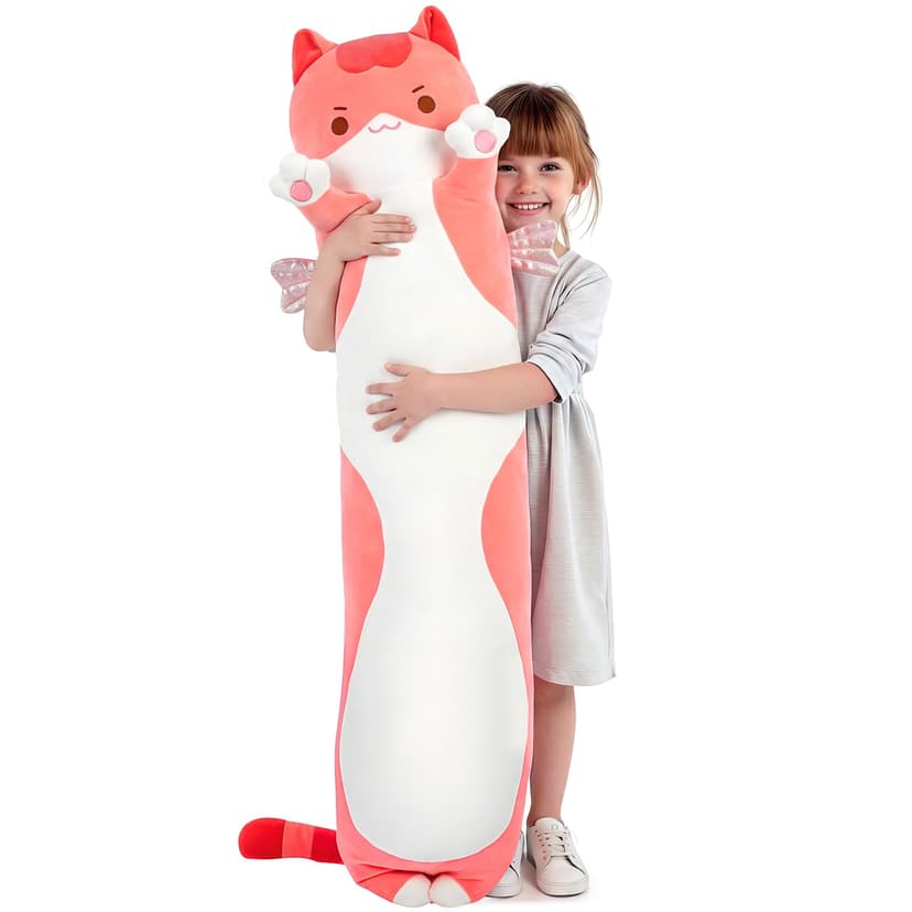 Mewaii Kids Body Pillow Pink Long Cat Plush 53 in, Extra Filling Soft Cute | Ultra-Soft Stretch Fabric, Huggable Cat Plush, For Bedtime, Sofa Back Cushion, Cute Kawaii Cat Design, Gift for Kids & Girl