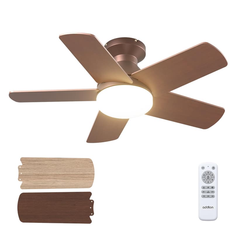 addlon 32 Inch Brown Low Profile Ceiling Fans with Lights and Remote | Flush mount, 3-color dimmable light, quiet reversible DC motor, easy install, memory, timer, bedroom, covered outdoor areas