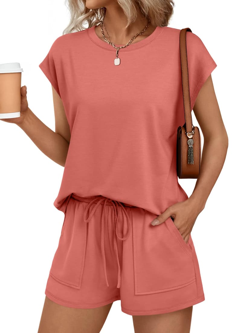 AUTOMET Womens Crew Neck Two Piece Short Sets Cap Sleeve Drawstring Summer Sweatsuit with Pocket