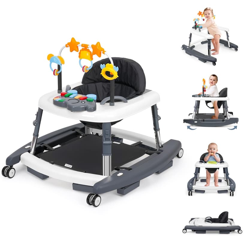 Mythoney 5-in-1 Music and Lights Foldable Baby Walker, Baby Walker with Wheels Portable with 5 Adjustable Heights, Infant Toddler Walker for Baby Boy Girls 6-18 Months(Grey)