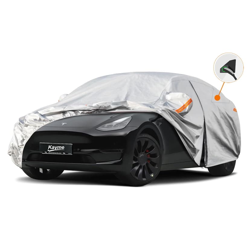 Kayme 6 Layers Car Cover Custom Fit for Tesla Model Y, Waterproof All Weather for Automobiles, Outdoor Full Car Cover Sun Rain UV Snow Protection.Silver