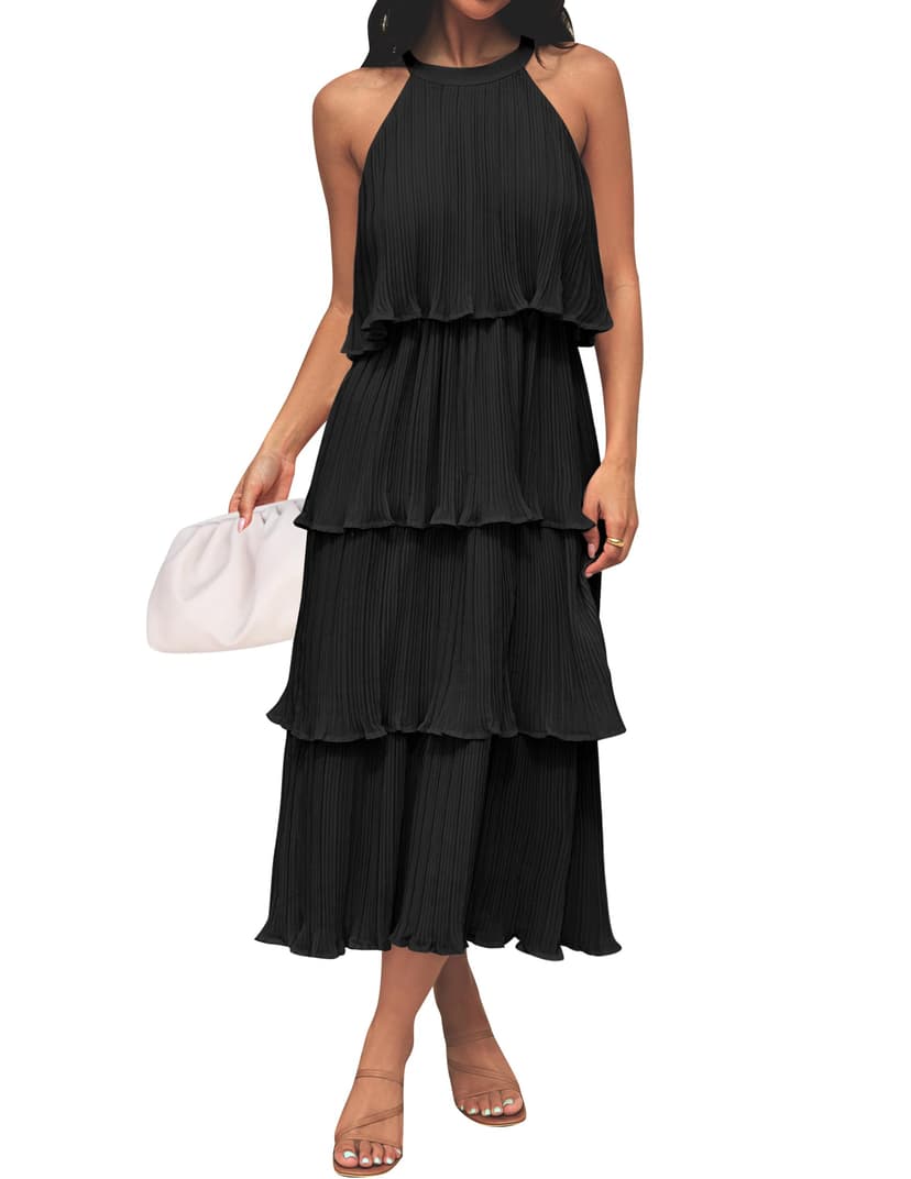 ZESICA Women's 2026 Summer Sleeveless Halter Neck Ruffle Tiered Layed Chiffon Flowy Swing Long Midi Dress