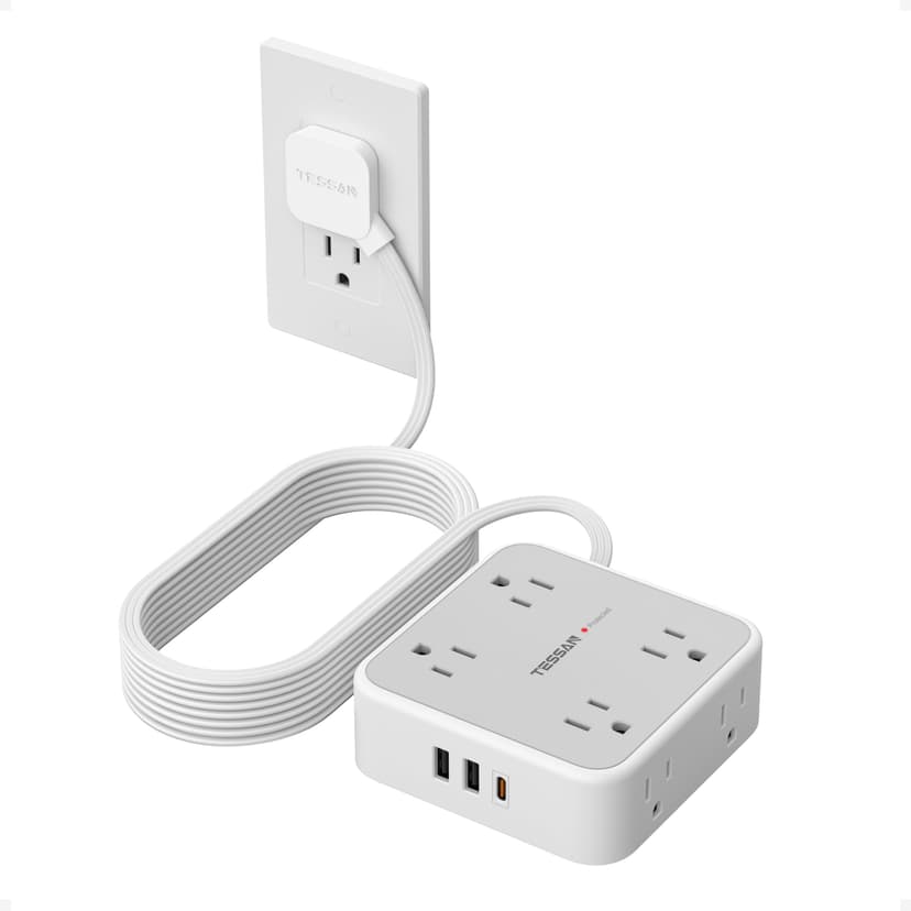TESSAN Surge Protector Power Strip, 15 Ft Flat Plug Extension Cord with 3 USB (1 USB C 20W PD) 8 Outlets, 900J Protection, 3 Sided Outlet Extender with Power Switch for Office, Dorm Room, Grey