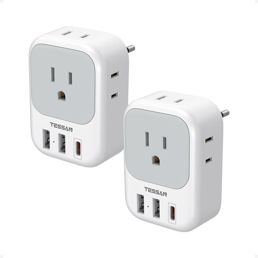 2 Pack European Travel Plug Adapter, TESSAN Europe Power Converter 4 Outlets 3 USB(1 USB C PD 20W), Type C International Adaptor to Italy Spain France Portugal Iceland Germany, EU Travel Essentials