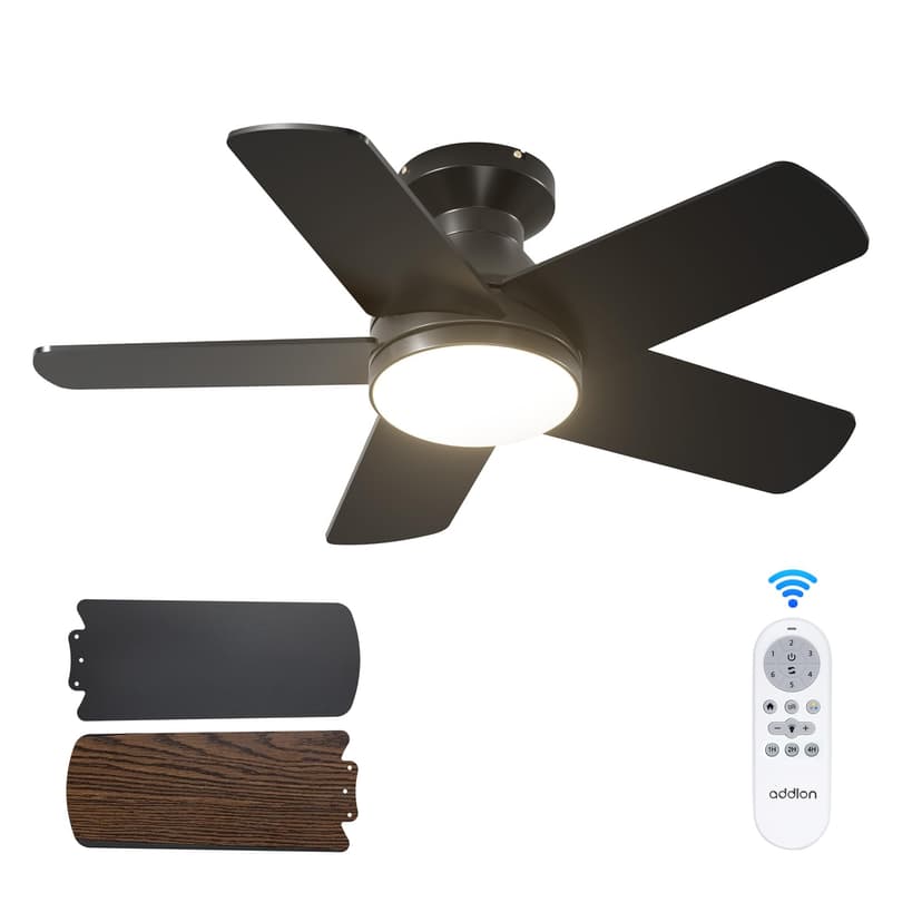addlon Ceiling Fans with Lights, 32 inch Low Profile Ceiling Fan with Light and Remote Control, Flush Mount, Reversible, 3CCT, Dimmable, Quiet, Black Small Ceiling Fan for Bedroom Indoor/Outdoor Use