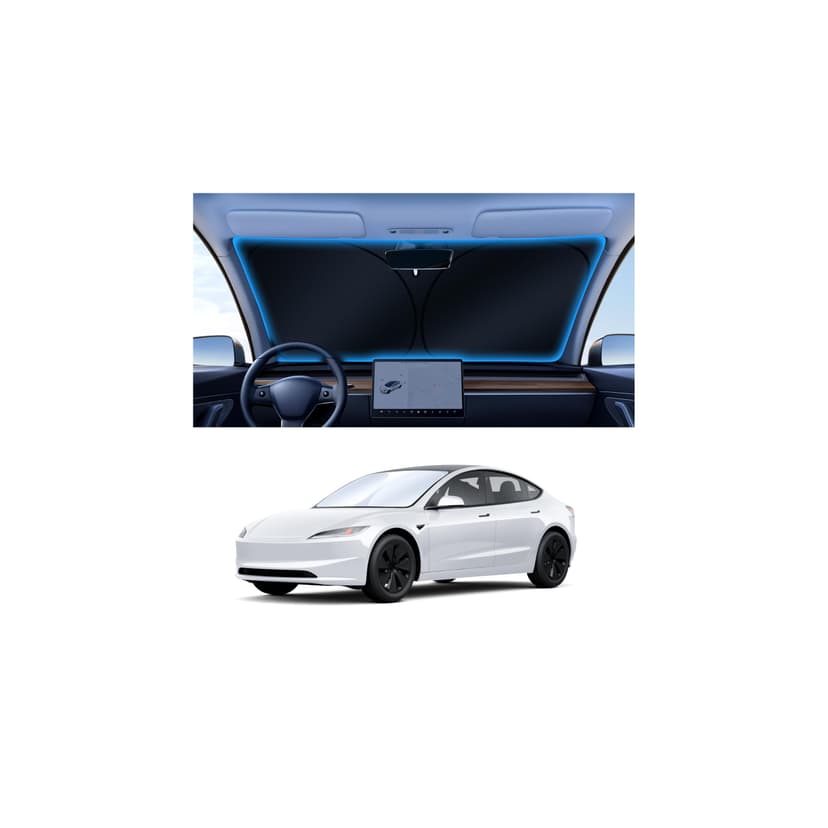 Canvcle Windshield Sun Shade for 2017-2025 2026 Tesla Model Y/3 Accessories (Fit 2025 Model Y Juniper/2024 Model 3 Highland) Double-Layer Front Window Sunshade Sun Visor Block UV Rays Keep Car Cool