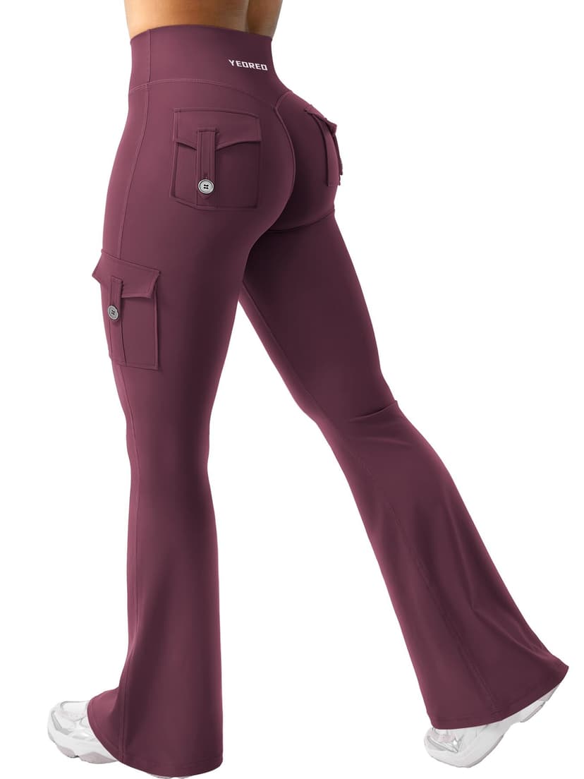 YEOREO CoreFlex Women Workout Flare Leggings with Pockets Hidden Scrunch High Waisted Cargo Gym Yoga No Front Seam Leggings