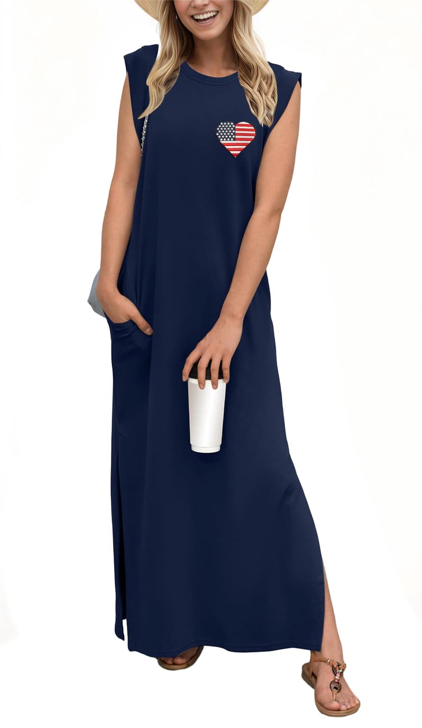 GRECERELLE 2026 Women Year-Round Casual Round Neck Loose Split Wrinkle-Free Long Maxi Vacation Dress with Pockets (XXS-4XL)