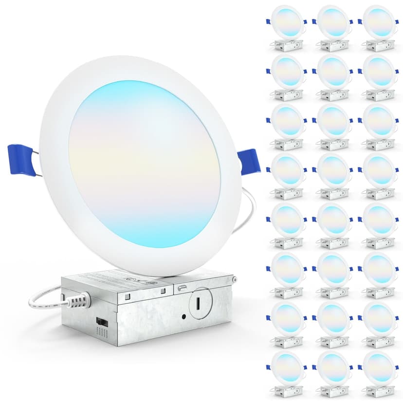 Sunco 24 Pack 6 Inch Canless LED Ultra-Slim Recessed Light, 5CCT, 14W=100W | 1200LM, Selectable CCT 2700K/3000K/4000K/5000K/6000K, Dimmable, Wafer Thin, with Junction Box, Canless LED Ceiling Downligh
