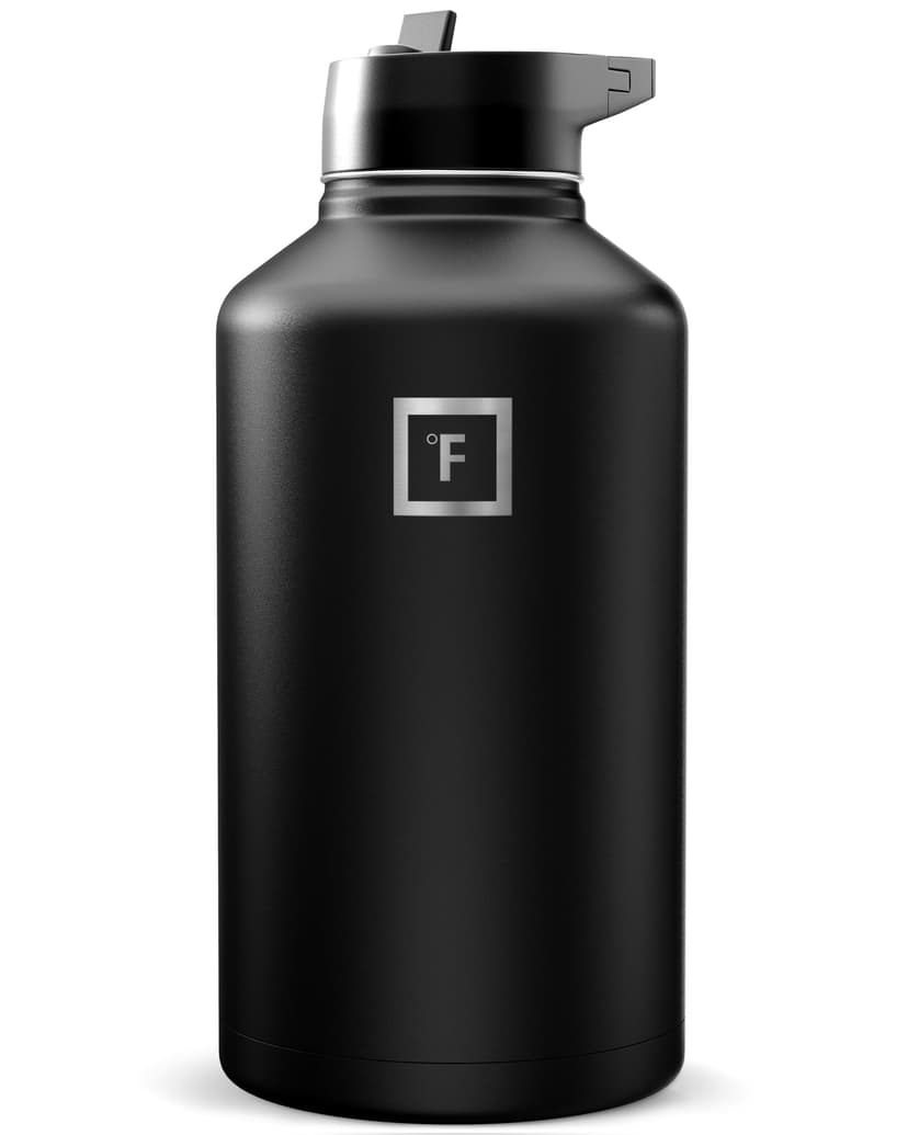 IRON °FLASK 64 oz Wide Mouth Water Bottle with Straw | Insulated Half Gallon Water Bottle with Leakproof Straw Lid - BPA Free, Cold 24 Hrs, Sweat Free (Midnight Black)
