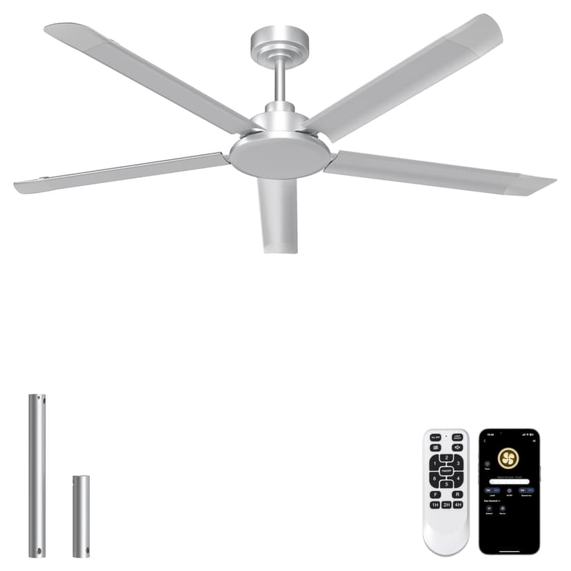 Ohniyou 60'' Ceiling Fan No Light, Silver Industrial Ceiling Fan with Remote/APP, Aluminum Blades, 6800 CFM DC Motor for Outdoor Patios, Shop, Garage