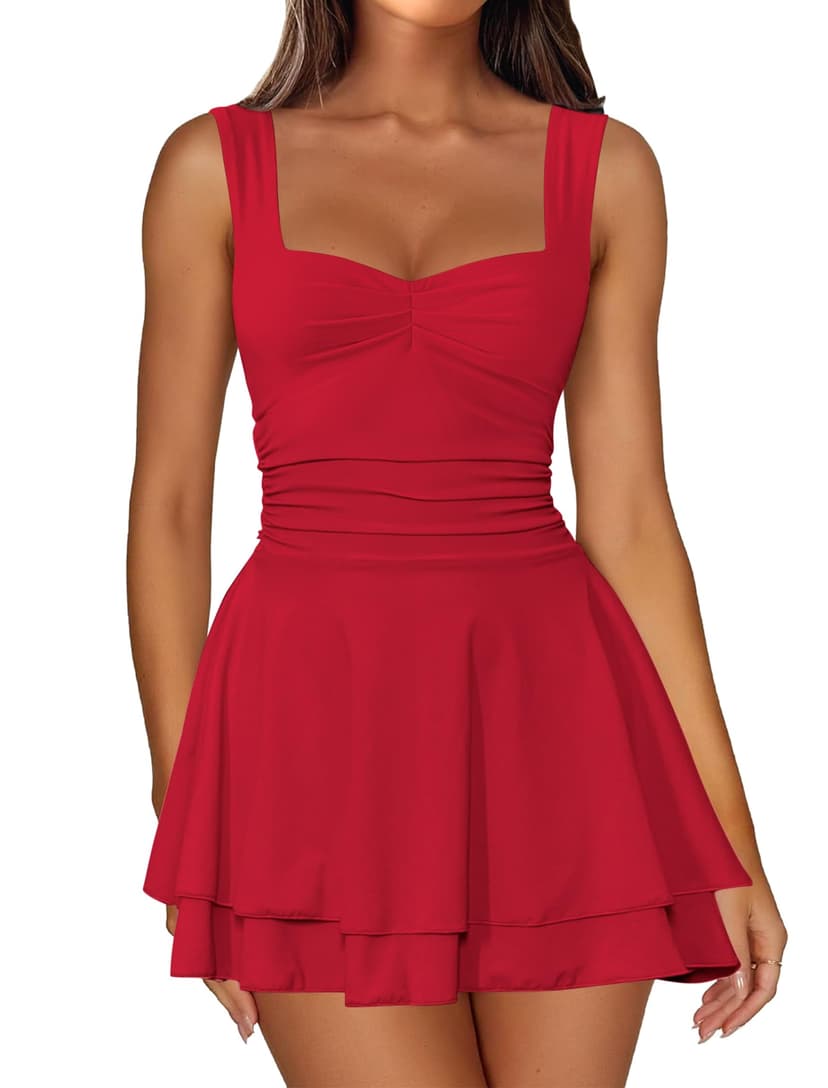 IWD Women's Square Neck Sleeveless Mini Dress Ruched Waist Tiered Ruffle Hem A Line Short Dresses