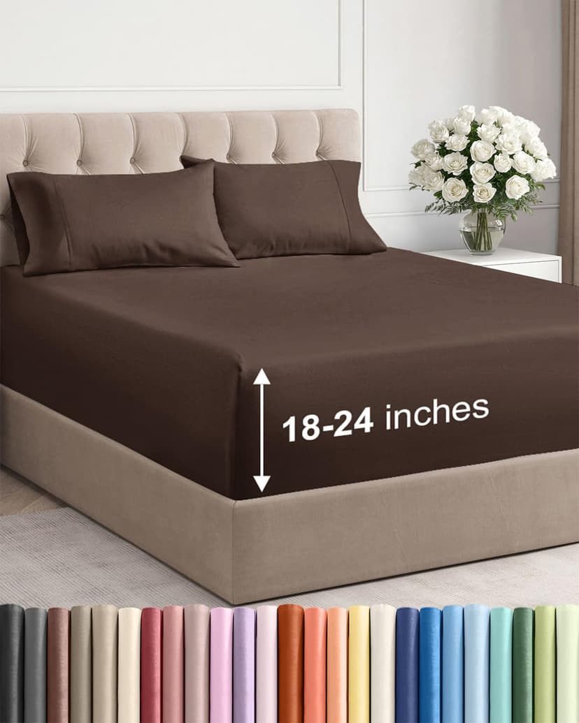 Extra Deep Cal King Sheet Set - 4 Piece Breathable & Cooling Bed Sheets - Easily Fits 18 to 24 inch Mattress - Ultra Soft, Wrinkle & Fade Free with Extra Deep Pockets - Hotel Luxury Bedding - Brown
