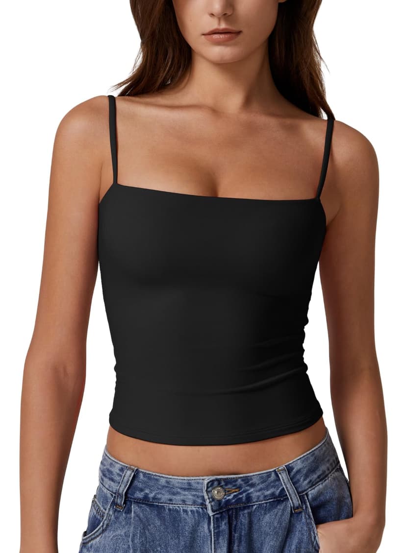 QINSEN Women's Double Lined Basic Tank Top Adjustable Spaghetti Straps Sleeveless Camisole Shirts