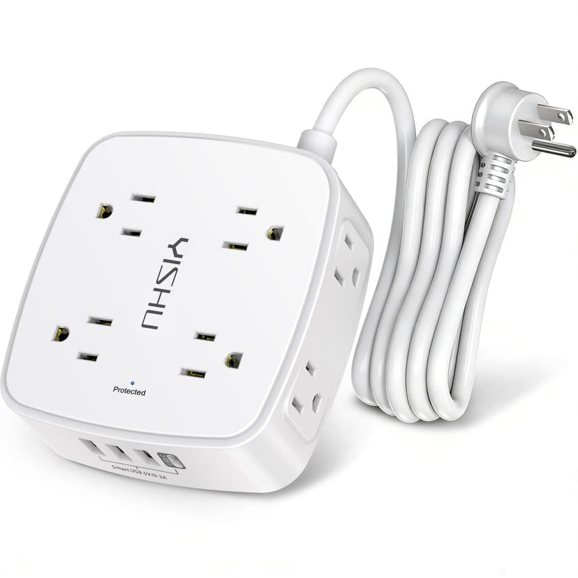 6 Ft Surge Protector Power Strip - 8 Widely Outlets with 4 USB Ports, 3 Side Outlet Extender with 6 Feet Extension Cord, Flat Plug, Wall Mount, Desk USB Charging Station, ETL,White