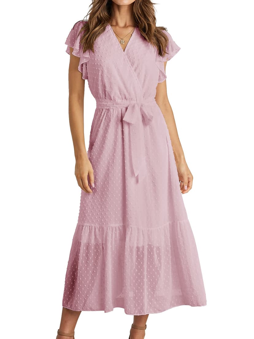 BTFBM Women Summer Bohemian Floral Casual Wrap V Neck Ruffle Cap Sleeveless Belt A-Line Pleated Hem Midi Sun Dress White