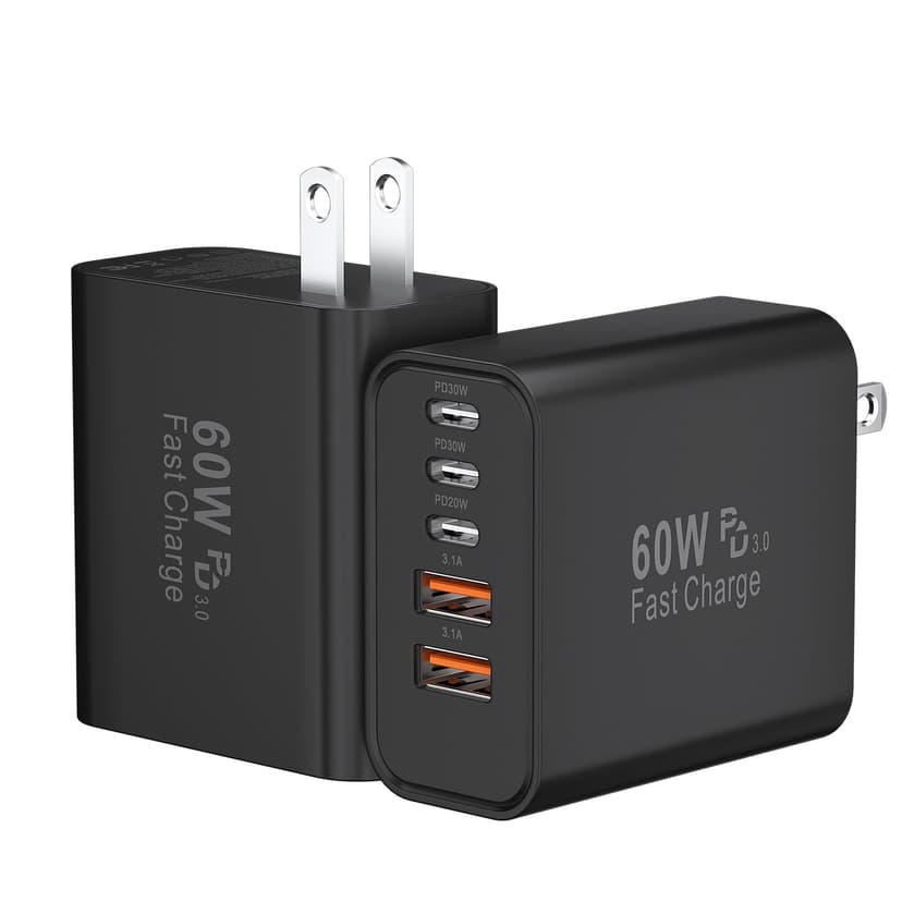 USB C Fast Charger Block, 60W 5-Port USB C Wall Charging Blocks, Type C Charger Fast Charging Brick, 3USB C+2USB A PD&QC3.0 Multiport Charger Plug for iPhone 16/15/14/13 Pro Max, iPad, Galaxy-Black