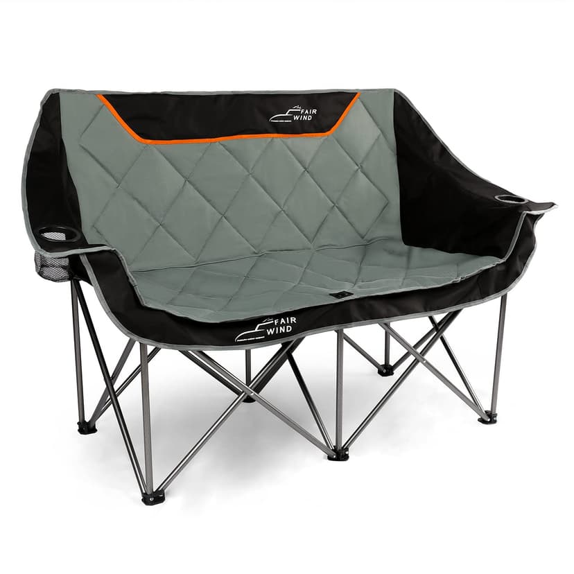 FAIR WIND Oversized Fully Padded Camping Chair Folding Loveseat Camping Couch Double Duo Chair Heavy Duty Quad Fold Arm Chair with Cup Hold - Supports 650 LBS Black
