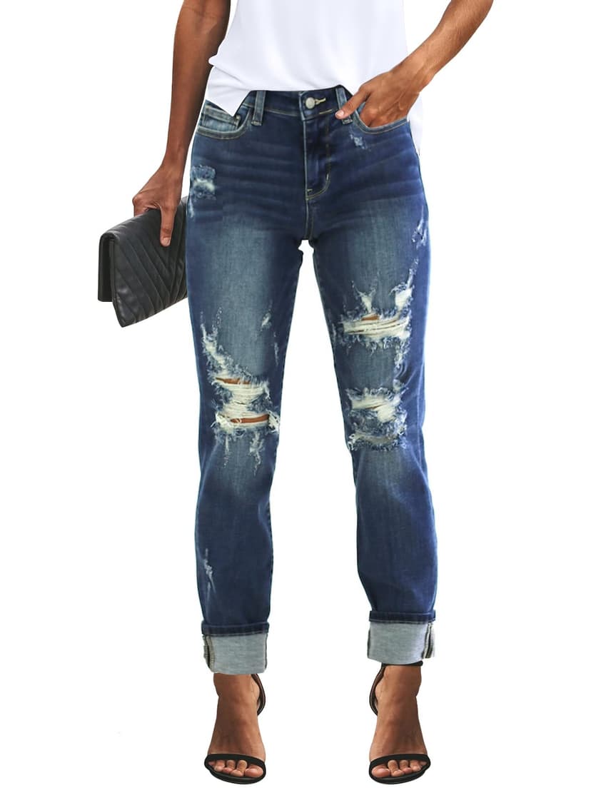 KUNMI Women's Ripped Mid Waisted Boyfriend Jeans Loose Fit Distressed Stretchy Denim Pants