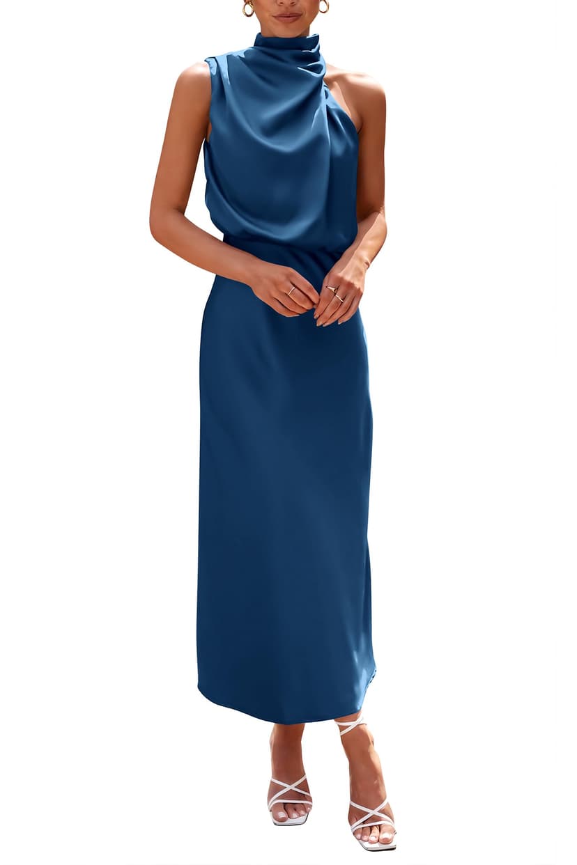 PRETTYGARDEN Women's 2026 Summer Satin Dress Elegant Sleeveless Mock Neck Cocktail Party Maxi Dresses