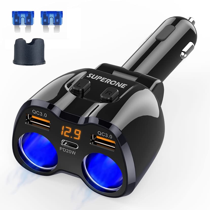 Cigarette Lighter Splitter, SUPERONE 180W 2-Socket Adapter with PD USB-C | Dual QC3.0 & 20W USB C Car Charger, 2026 Upgraded Cigarette Lighter Adapter for GPS/Dash Cam/Laptop/iPad/iPhone17/16/15/14/13