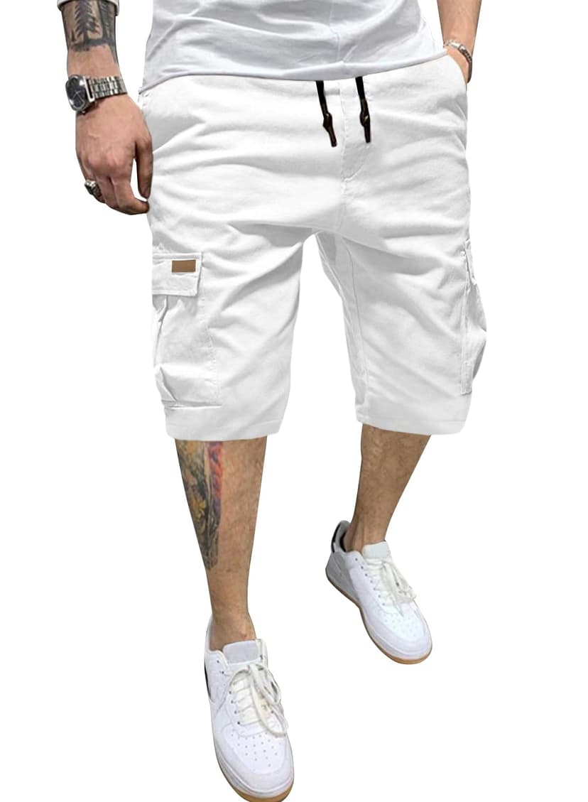JMIERR Mens Casual Cotton Twill Cargo Shorts Drawstring Classic Chino Stretch Short with 6 Pockets