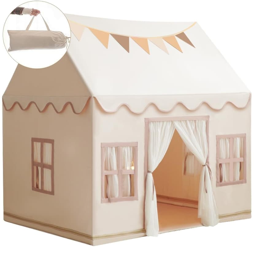 Large Kids Tent Playhouse Base Fabric with Star Lights, Flags and Tote Bags, Kids Play Tent Indoor & Outdoor, Washable Teepee Tent for Boys & Girls, Play House for Toddler, Neutral Color
