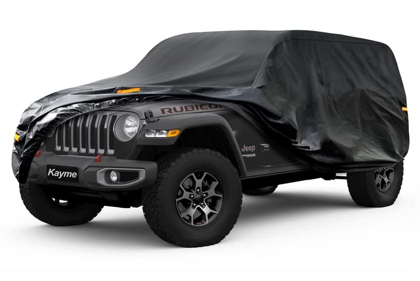 Kayme 7 Layers Waterproof Car Cover for Jeep Wrangler 4 Dr | Thick heavy‑weight composite fabric, all‑weather wind‑dust‑UV protection, inner cotton layer shields vehicle paint