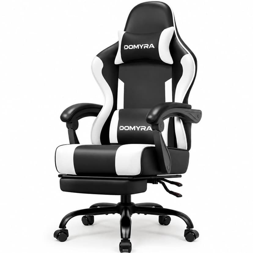 Gaming Chair Gamer Game Ergonomic with Footstool Lumbar Support Deep Black | Headrest, Height and Backrest Adjustable, Deep Black Leather, 210 KG Heavy Duty Load Capacity 52cm Wingless Cushion
