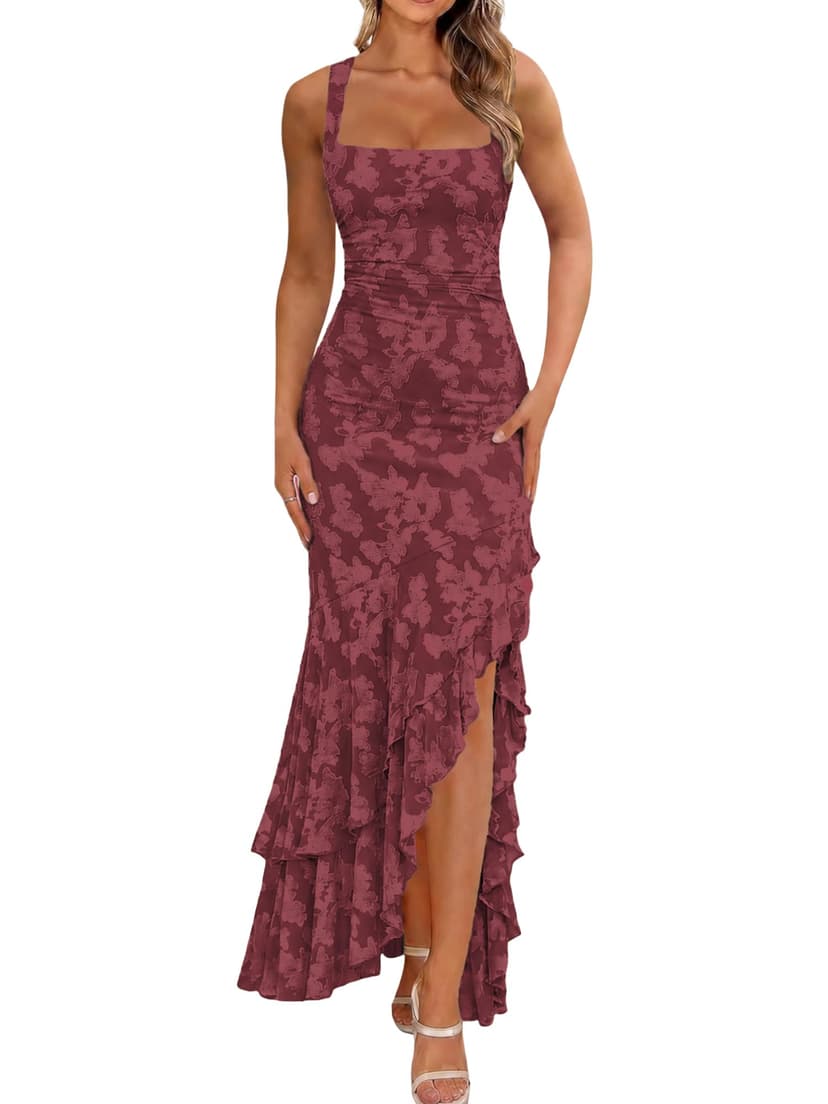 BORIFLORS Women's Elegant Ruched Floral Maxi Wedding Guest Dress | Mermaid Ruffle,Cocktail Formal Homecoming, Long Dresses