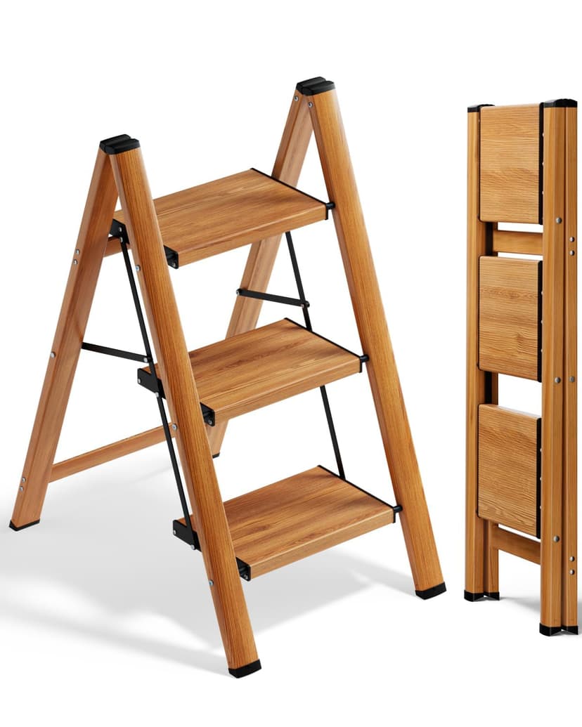 SOLADDER 3 Step Ladder, Lightweight Folding Step Stool, Woodgrain | Anti-Slip 7.9'' Wide Pedal;Space-Saving;For Kitchen, Home, Library, Office Use;300lbs Capacity