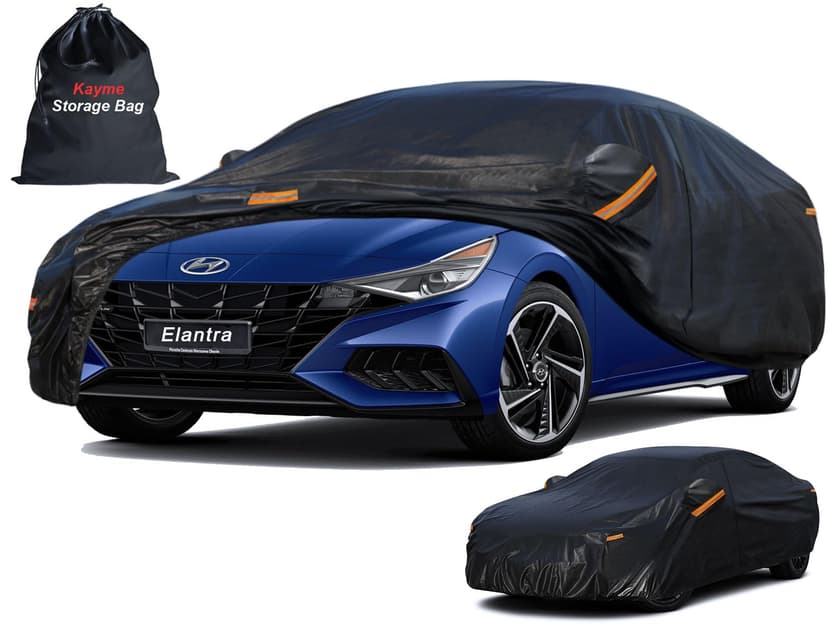 Kayme 7 Layers Waterproof Car Cover for Hyundai Elantra 2006-2026 | Thick heavy‑weight composite fabric, all‑weather wind‑dust‑UV protection, inner cotton layer shields vehicle paint