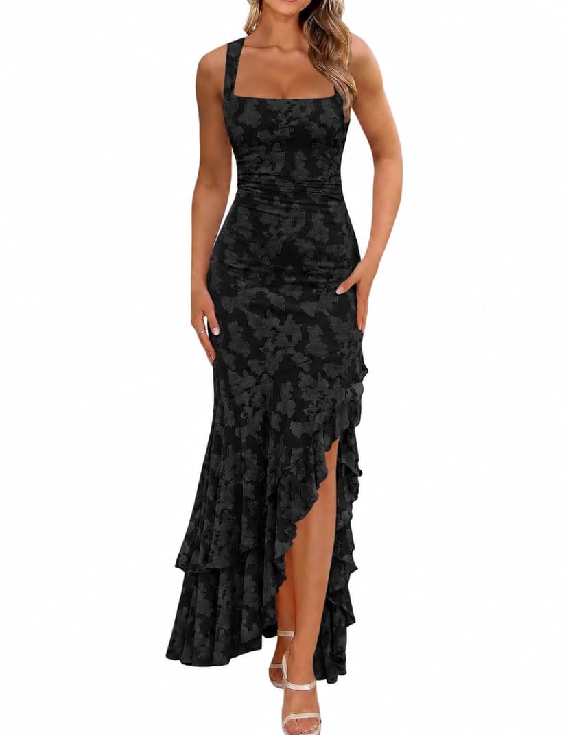 BORIFLORS Women's Elegant Ruched Floral Maxi Wedding Guest Dress | Mermaid Ruffle,Cocktail Formal Homecoming, Long Dresses