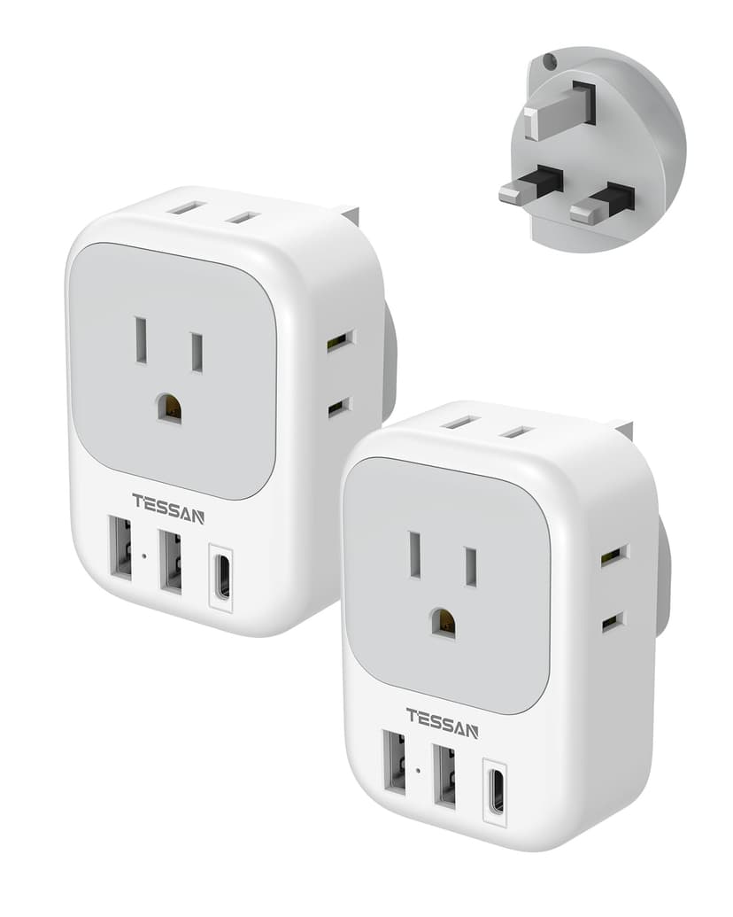 TESSAN UK Adapters for Travel, Type G Adaptor, 2 Pack | 4 Outlets 3 USB (1 USB C PD 20W), USA to Ireland Scotland Dubai Hong Kong England British Kenya London