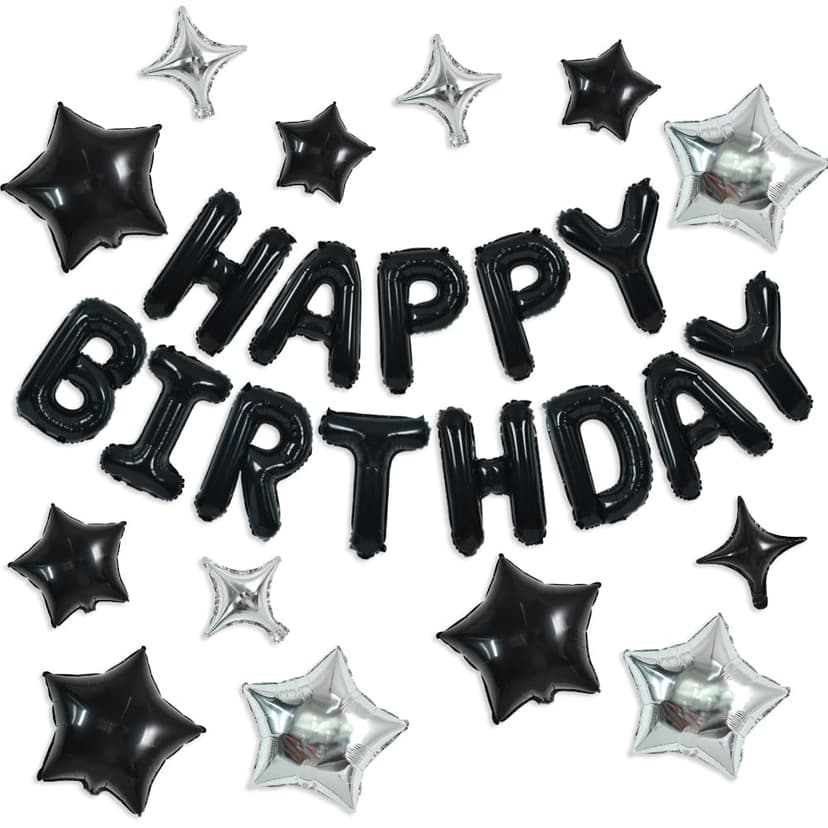 TONIFUL 35Pcs Black Birthday Decorations Kit 16 Inch Happy Birthday Balloon | 16 Inch Reusable Foil Letter Birthday Banner Sign with Star Balloons for Baby Boy Shower Men’ 18th 30th 40th 50th Birthday