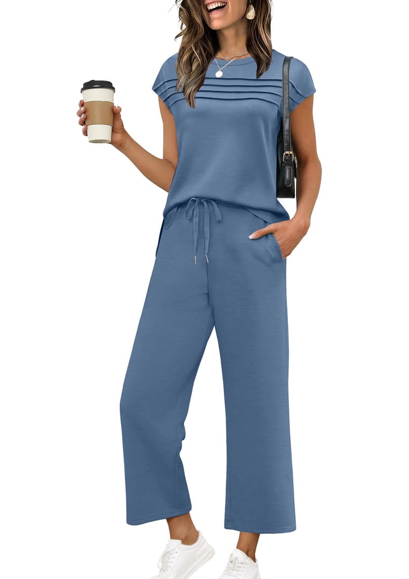 WIHOLL Two Piece Sets for Women Summer Spring Travel Vacation Outfits Cap Sleeve Lounge Matching Sets Wide Leg Pants S-3XL