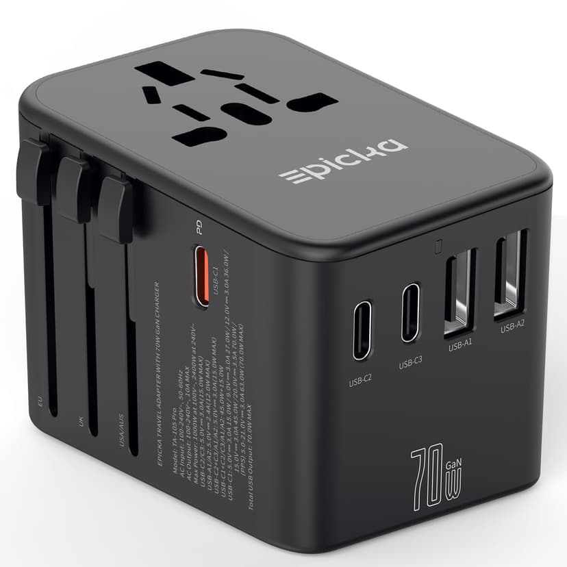 Epicka 70W GaN PD Universal Travel Adapter, 3USB-C/2USB-A | International Power Adapter for EU/US/UK/AU, PD Fast Charging for Multi-Device Travel, TA-105 Pro, Black