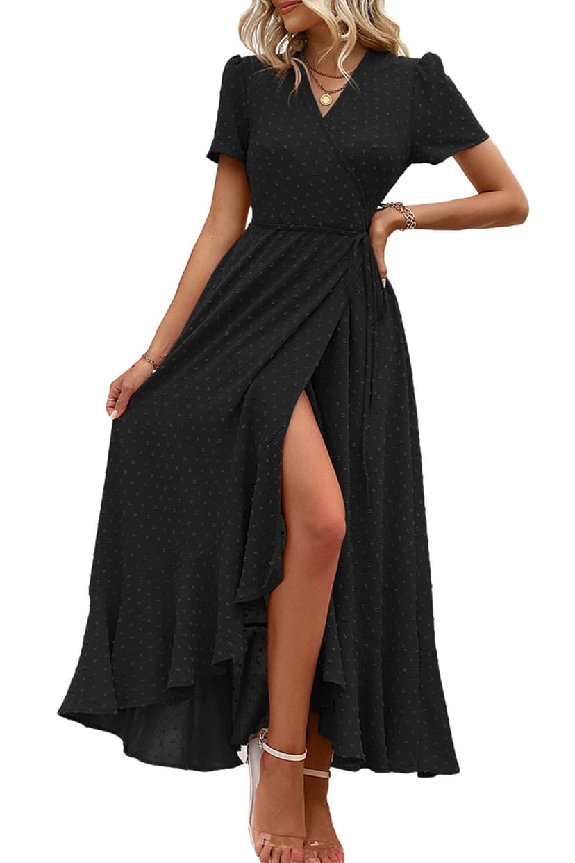 PRETTYGARDEN Women's Boho Floral Maxi Dress Summer Short Sleeve Wrap V Neck Long Flowy Beach Vacation Wedding Guest Dresses