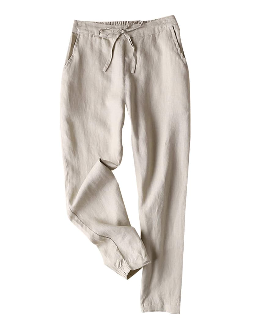 Tanming Linen Pants for Women Summer Casual High Waisted Drawstring White Beach Pant