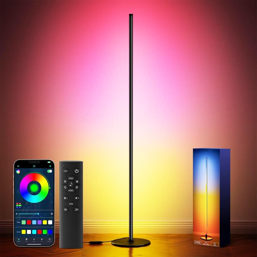 Bright LED RGB+IC Corner Floor Lamp with App, Remote Control Obsidian Black | Smart Ambient Lighting Color Changing Standing Lamps with Music Mode, 16 Million DIY Colors,Tall Lamp for Bedroom,Living R