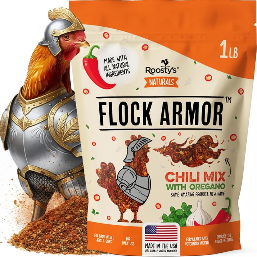 Roosty's Naturals Flock Armor Chicken De-wormer Chili Mix, 16oz | Daily Worm Defense • Boost Egg Quality • Feather & Vitality Boost • Gut Health Support • Made in USA