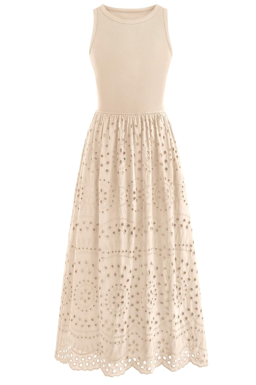 dowerme Women Summer Dresses 2026 Casual Sleeveless Crewneck A-Line Boho Lace Eyelet Cotton Tank Maxi Dress with Pockets